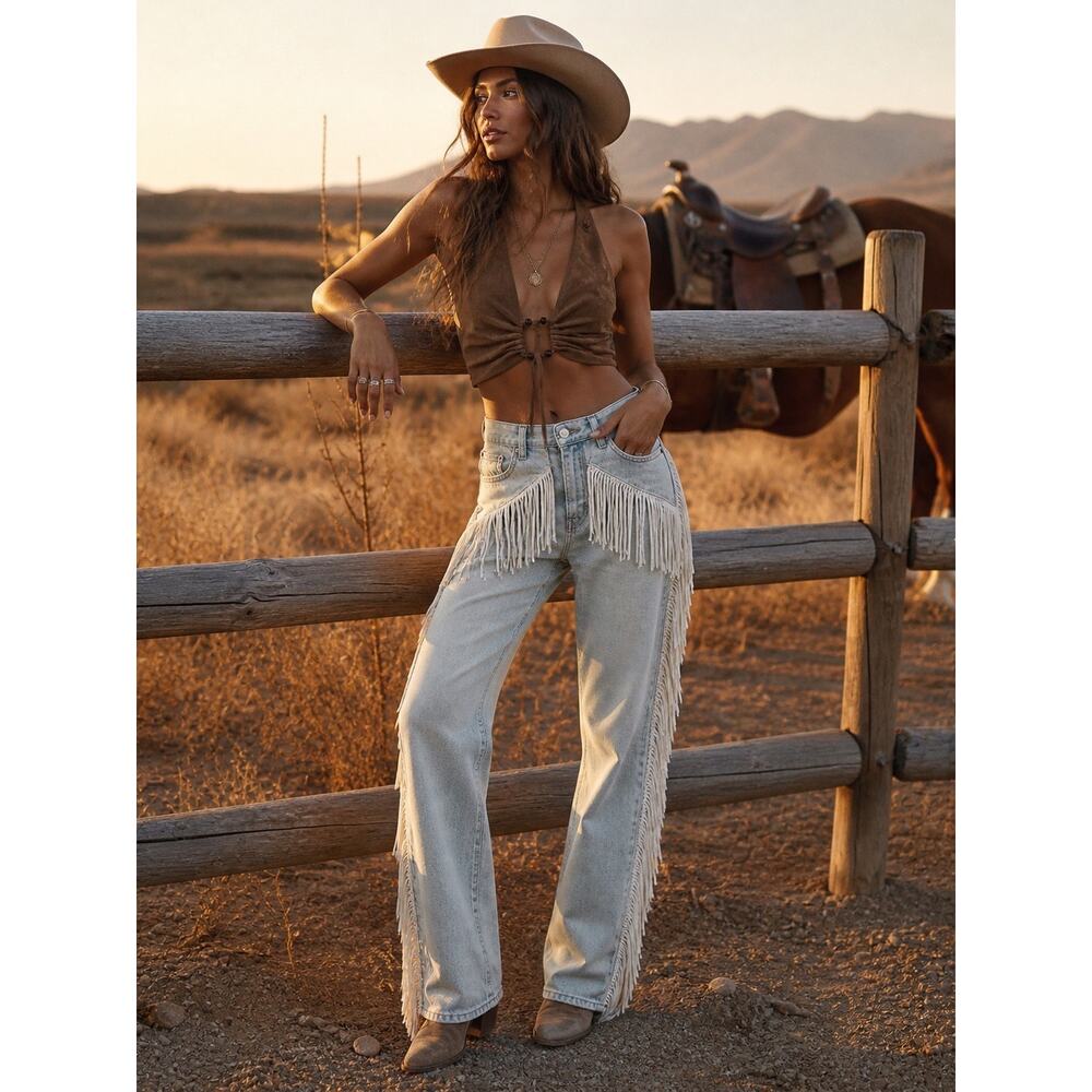 NASTYGAL Fringe Jeans US 6 Western Boho Light Wash High Rise Festival